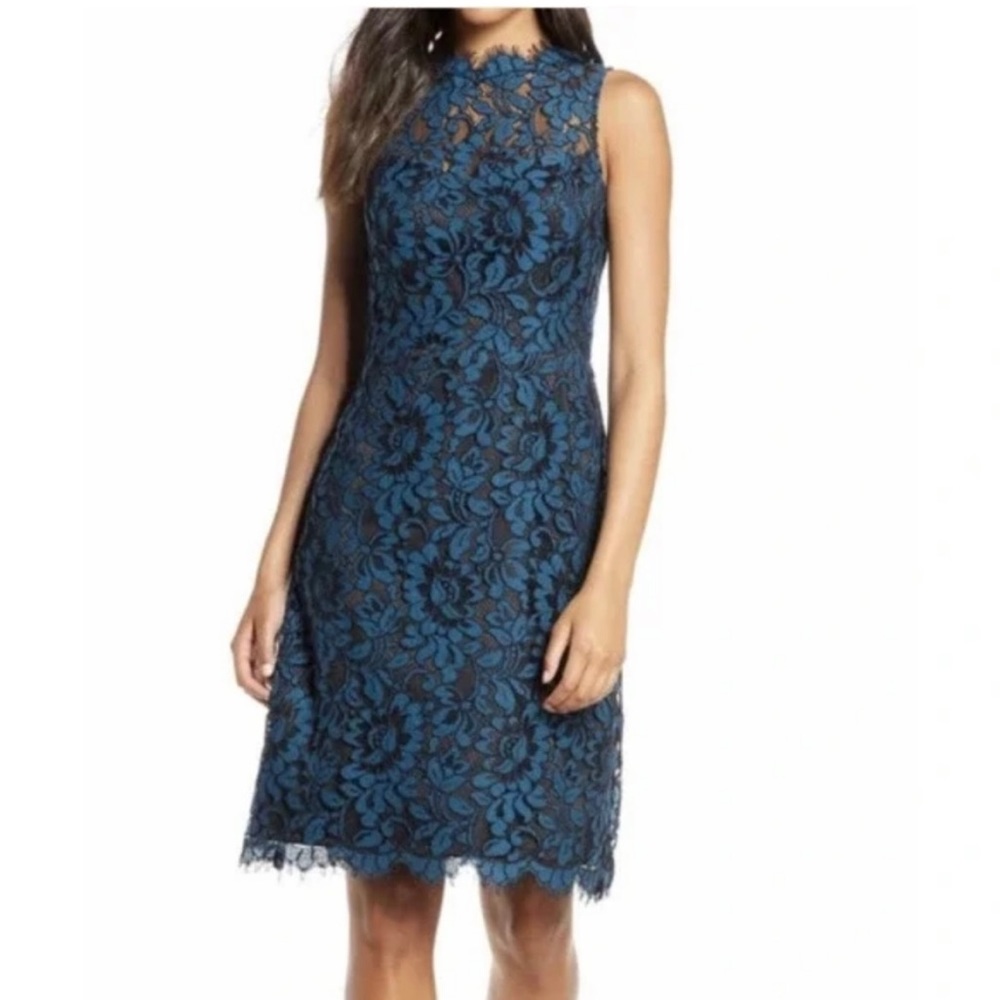 NWT, Eliza J High Neck Lace Sheath Dress in Peacock